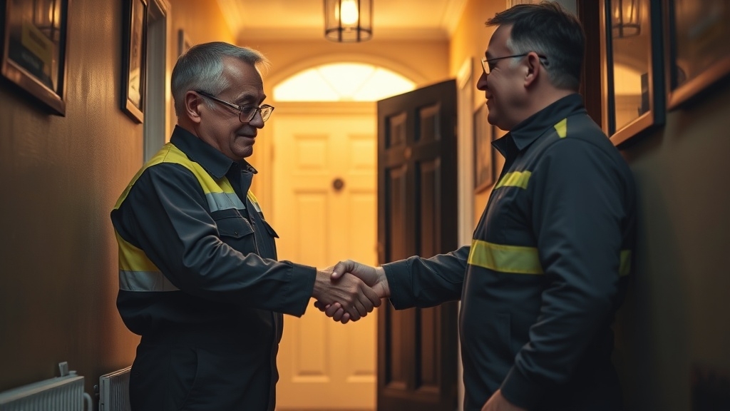 Engineer shaking hands with a Mortlake homeowner after locating their leak